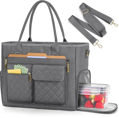 RAINSMORE Lehrertasche Damen 15,6 Zoll Laptoptasche Handtasche mit Kühlfach Arbeitstasche Wasserdicht Große Umhängetasche für Büro Uni Shopper Grau