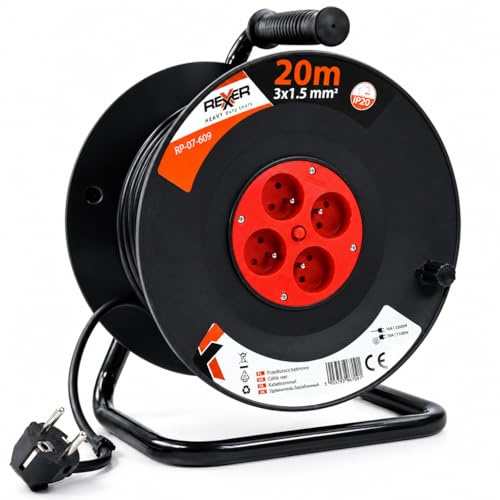 REXXER Kabeltrommel 20 m, 3x1,5 mm², 4 Steckdosen Typ E, IP20 | Typ E, kompatibel mit Typ C und Typ F (Schuko), Überhitzungsschutz, für Haushalt, Werkstatt und Garage