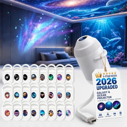 LMIX Proyector de Galaxia 2 en 1, Luz Nocturna Proyector Estrellas Usb de Cielo Estrellado Holográfico 360° 5D Galaxy Projector Night Light Lámpara de Espacio Led para Dormitorio, 24 Películas