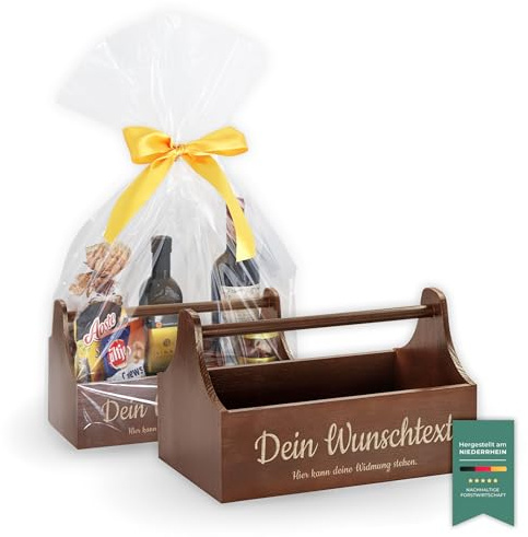 LAUBLUST Geschenkkorb aus Holz leer Personalisiert - Präsentkorb mit Wunsch-Gravur zum Befüllen als Geschenk Korb für Weihnachten Silvester - 34x18x20 cm | Werkzeugkiste Braun, FSC® | Männerhandtasche