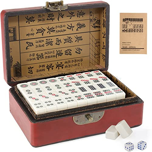 Dyna-Living Mini set Majong cinese, struttura solida facile da leggere Mah Jong Game, 2 dadi e custodia in pelle, set completo di giochi Majong per raccogliere giochi da tavolo