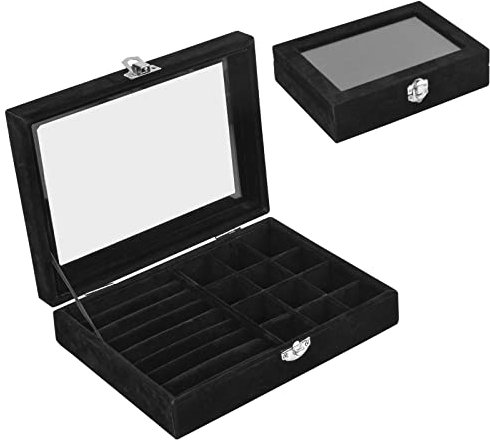 Boîte à Bijoux en Velours, Plateaux Boîte Présentoir de Rangement Organisateur de Bijoux avec Couvercle Verre, Coffret Rangement Bijoux pour Bijoux Collier Bracelets Boucles Oreilles Bagues (Noir)
