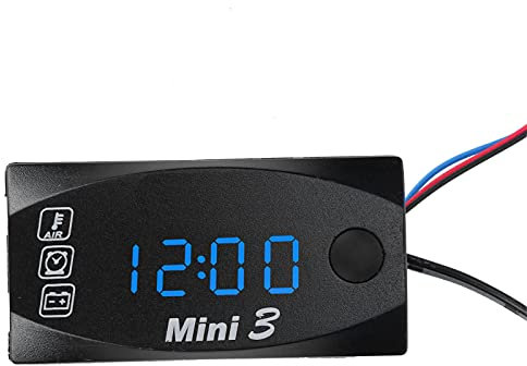 Digitales Voltmeter, DC 12 V 3 in 1 wasserdichtes Zeituhr Thermometer Auto Voltmeter, staubdichtes Großbild LED Digitalanzeige Voltmeter mit 3,9 Fuß Netzkabel für Motorrad, Boot, LKW,(Blaues Licht)