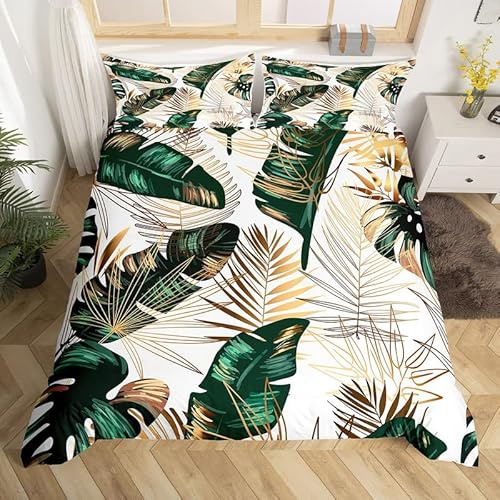 Homemissing Set di biancheria da letto con foglie tropicali a motivi botanici, rametti di foglie verdi dorate, copripiumino per bambini, copertura per piumone estivo, copripiumino per letto