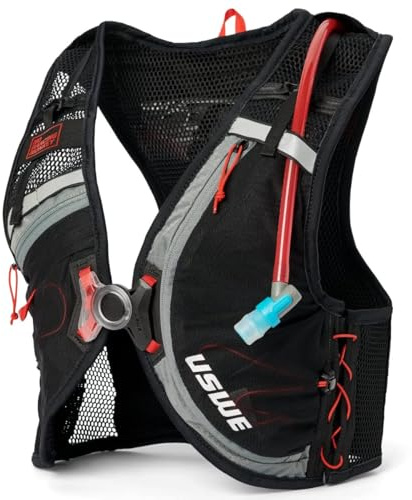 USWE Rush 8L Fahrrad-Trinkweste, verstellbare Brustgurte, Lauf-Trinkweste, 2,0 l Trinkblase, Mountainbiking, Gravel & Radfahren mit reflektierenden Details, Herren & Damen (Carbon Black, S)