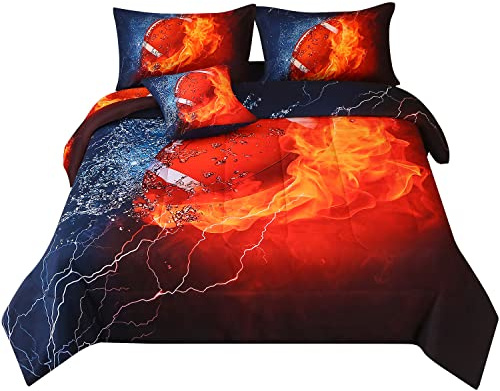 JQinHome Queen Football and Fire Comforter Sets for Boys,6 Piece Bed in A Bag Sport Themed Bedding -All Season Soft Microfiber Bedding Sets, with Pillowcase, Flat Sheet, Fitted Sheet,Cushion Cover