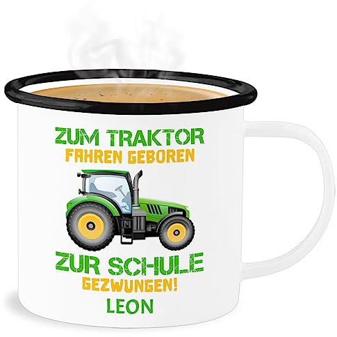 Emaille Becher Blechbecher - Zum Traktor fahren geboren zur Schule gezwungen - 300 ml - Weiß Schwarz - personalisierte tasse kita traktoren trecker trinkbecher kindertasse junge bulldog