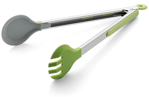 12 Inch Cooking Tongs, 2-in-1 Design with 0.5oz Measure Spoon, Stainless Steel Kitchen Tongs with Silicone Tips, Non-Stick Food Tongs for Cooking, Grilling, BBQ, Salad, Buffet, Serving (12, Green)