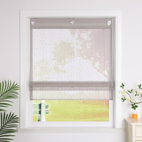 SCHOAL Raffrollo mit Ösen Raffgardinen mit Wassertropfen Halbtransparent Ösenrollo Landhaus Gardine Leinen Vorhänge 1 Stück BxH 120x140cm Grau