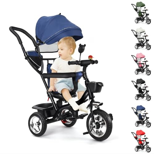 MUL-BOUTIQUE Dreirad für Babys, skalierbar bis 35 kg, Babyfahrrad für Kinder ab 1 Jahr, wendbarer Sitz, dreiteilige Sonnenblende (dunkelblau)