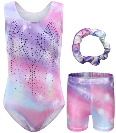 Soudittur Mädchen Turnanzug 3-teiliges Gymnastikset, Ärmellos Gymnastikanzug Kinder mit Shorts und Haarband Gymnastikbody Turnbody (11-12J,Gradientlila)