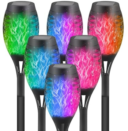 Mateju 6 Stück Solarleuchten Solarlampen für Außen Garten, LED Lampen mit Realistischer Flammeneffekt IP44 Wasserdicht Gartenfackeln Beleuchtung für Weg Hinterhöfe Rasen Balkon Deko (Farbige Flamme)