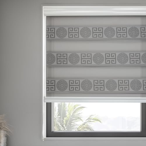 Persiana Enrollable Decorativa con Diseño Griego, Estores Noche y Dia con Doble Tejido, Bloqueo de Luz Moderado, Instalación Fácil (Color Niebla Oscura, 120 x200 cm)