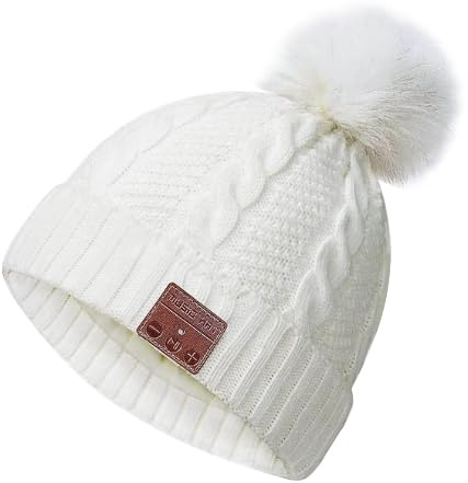 puersit Gorro Bluetooth 5.2 Hat Gifts, De Invierno Cálido y Suave con Música y Auriculares inalámbricos estéreo HD para al Aire, Regalo para Amigos y Familiares(Blanco Trenzado con Pompon)