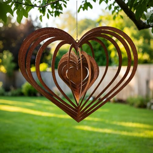 WRQIOO Windspiel Garten Herzen, Windspiele für Draußen Hängend, Edelrost Wind-Spiel, Hängende Rost Deko Herz, Groß 30 x 26 cm, Spirale Metall Herzform Garten Deko für Gar-Ten & Balkon