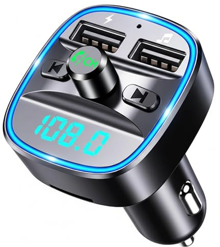 Bluetooth FM Transmitter Car Adapter, Bluetooth Wireless Radio Music Car Adapter Kit, Fast Charger for 12V/24V Cigarette Lighter with 2 USB Ports MP3 Player Support TF Card & Disk