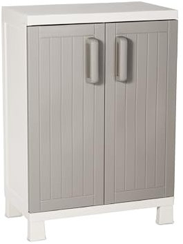 Toomax Armadio Wood Midi Basso con 2 ripiani, in plastica da interni ed esterni, colore Grigio Tortora/Grigio Chiaro