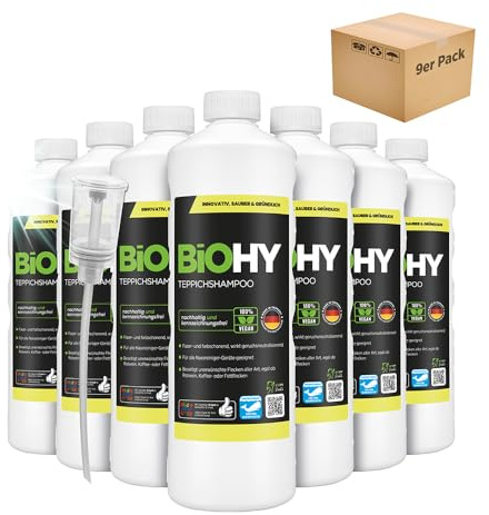 BiOHY Teppichshampoo (9 x 1 Liter) + Dosierer | Teppichreiniger Konzentrat | ideal gegen hartnäckige Flecken | materialschonend & tierfreundlich | effektives Bio Mittel | kraftvoller Teppich Schaum