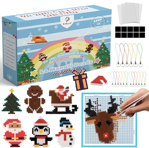 La Manuli 6000 Bügelperlen Weihnachten Perlen Mit jeder Marke Beads kompatibel | 17 Muster | mit Steckplatte | Zubehör | 12 Farben | 5mm | VOLLSTÄNDIGER Satz