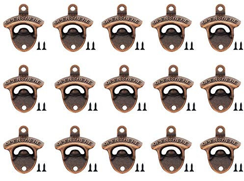 15pcs Latest Wall Mount Bottle Openers for Vintage Rustic Bar or Restaurant.Vintage Opener Here Beer Bottle Opener Suitable for Bars KTV Hotels Homes (15, Red copper)