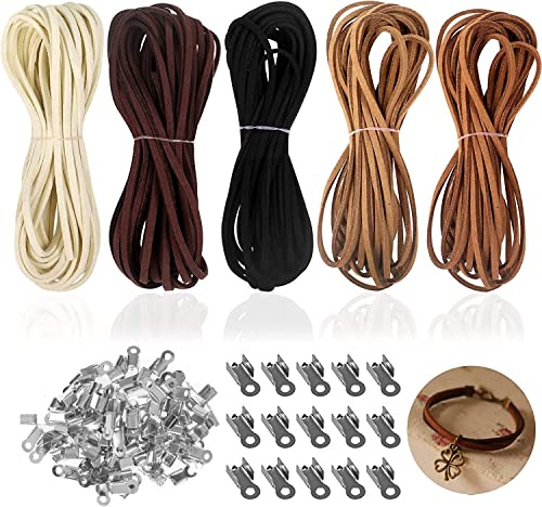 Lederband Kette, 5 Stück lederschnüre, Veloursleder Band Faden, lederschnur, Faux Wildleder Schnur in 5 Farben, Bänder Zum Basteln mit Schnurenden, Lederband Flach für DIY Armband Halskette（5m x 3mm