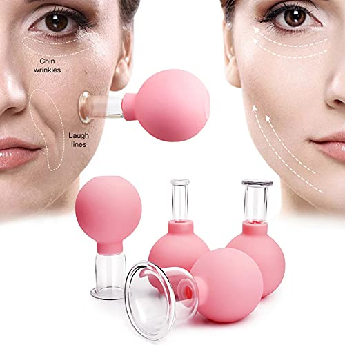 BAQI 4 Stück Glas Facial Schröpfen Set, Gummi Massage Therapie Körper Cups, Silikon Vakuum Saugnapf für Körper Gesicht Bein Arm Rücken Schulter Muskel und Gelenkschmerzen, Rosa