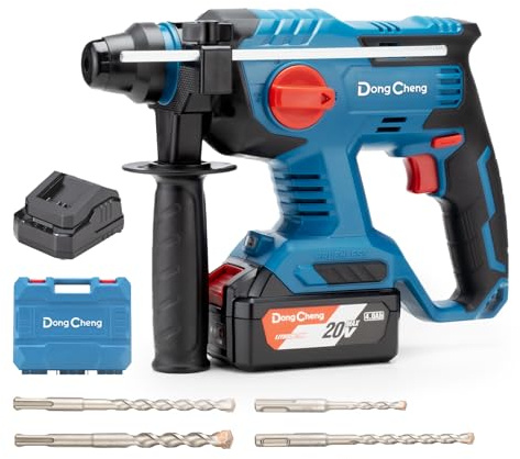 DongCheng 20V Max Cordless Rotary Hammer Drill, 7/8 SDS-Plus, 4 Application Modes, Brushless, 2.1 Joules, Cordless Demolition Hammer for Concrete, Including 4.0Ah Battery and Charger, 4 Drill Bits
