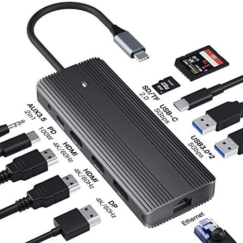 USB C Docking Station,11 in 1 Docking Station Triple Display, USB Hub Dockingstation mit 2 * 4K HDMI+Displayport+2*USB3.0+USB C Data Transfer+100W PD+Gigabit Ethernet+SD/TF +3.5mm Audio