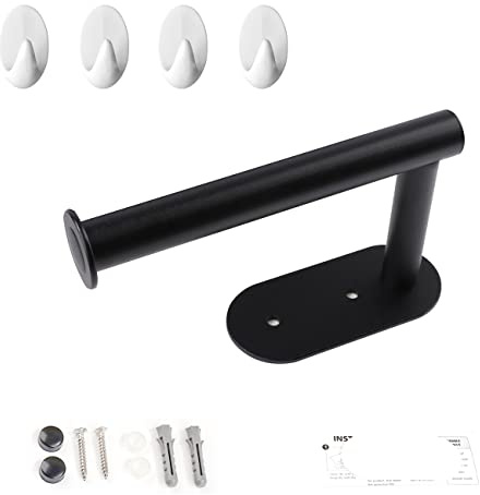 Toilettenpapierhalter Ohne Bohren, Aluminium Badezimmer Klopapierhalter ohne Bohren, Klorollenhalter, WC Papier Halterung, Gebohrt & Selbstklebende Montage Option mit 4 Haken (Aluminium, Schwarz)
