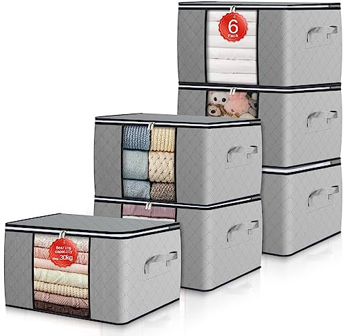 GoMaihe 6 Stück Aufbewahrungstasche Aufbewahrungsbox mit Deckel Kleiderschrank Organizer Faltbare Kleideraufbewahrung Umzugskartons mit Verstärkt Griff für Kleidung Bettdecken Kissen 90L Grau