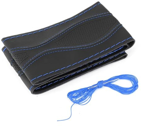 Lenkradabdeckung, Leder 38 Cm 15 Zoll DIY Leder Lenkradhülle Handnähte Prägung mit Nadel und Faden für Universal (Schwarz Blau)