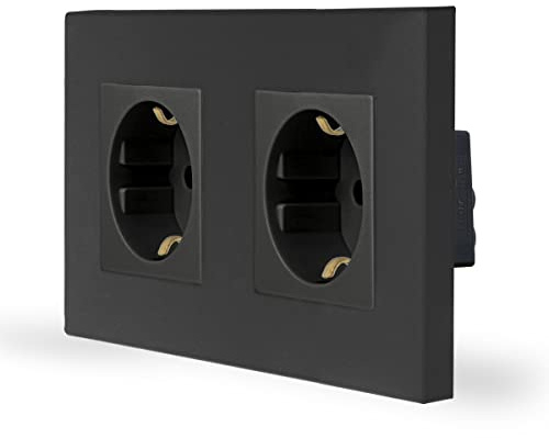 Luxus-Time Enchufe Schuko de 2 enchufes, doble enchufe, enchufe de pared con protección para niños, diseño marco de plástico para caja empotrada, color negro