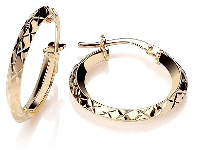 9ct Yellow Gold on Silver Diamond Cut Creole Hoop Earrings - 20mm Diameter