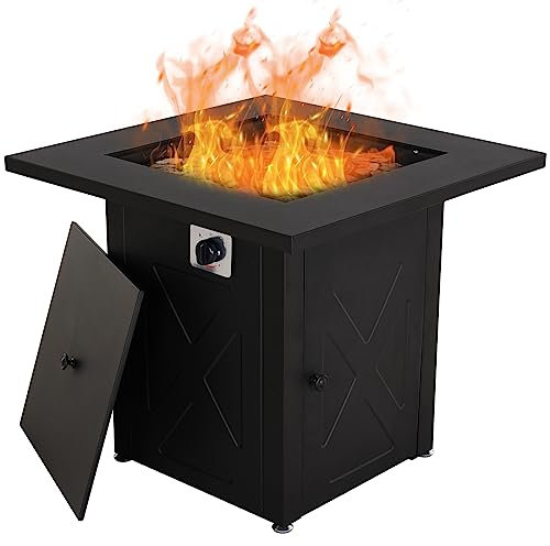 Gas-Feuerstelle für den Außenbereich, 71,1 cm, quadratischer Tisch mit Metall-Tischplatte, Deckel und Lavastein, Eisen-Feuerstelle für Grill, Kamin, Camping, Lagerfeuer, Picknick, Heizung