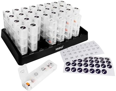 KMINA - Tablettenbox Monat 31 Tage 4 Fächer, Medikamentenbox Groß, Tablettenspender 1 Monat, Pillenbox