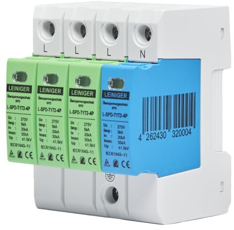 LEINIGER/Überspannungsschutz/Überspannungsableiter / 4-Polig/geprüft nach Klasse I+II, Typ 1+2 (B+C), hoher maximaler Ableitstrom von 50 kA/Hauptverteilungsschutz, PV-Schutz