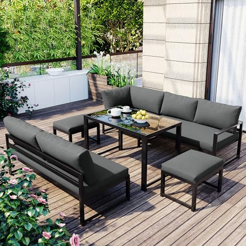 MQGPM Gartenlounge Outdoor, Gartenmöbel Set mit Couchtisch und Kissen, Outdoor Balkonmöbel, für 6-7 Personen, Sonneninsel Terassenmöbel, für Garten und Terrasse Wiedervereinigung, Grau