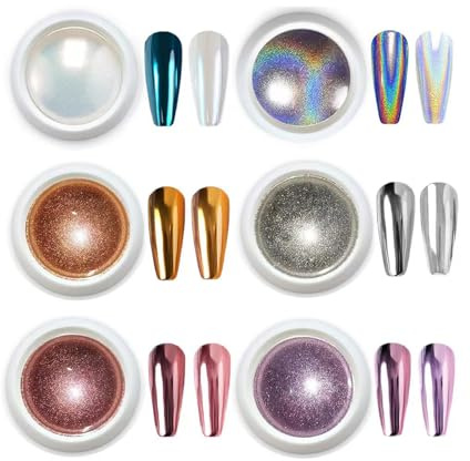 6 Color Chrome Powder for Nails, Gold Silver Pink Chrome Nail Power Iridescent Metallic Mirror Nail Powders for Nail Art DIY Accessories