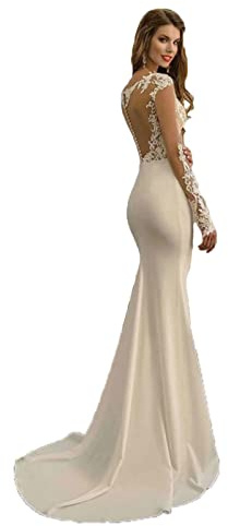 Hochzeitskleid, Spitze, Langarm, Brautkleid, Blumenapplikationen, Brautkleid, V-Ausschnitt, Meerjungfrauenkleid, Brautjungfernkleid, WZEFEIO, Weiß, 6