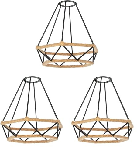 ledscom.de 3x Käfig Lampenschirm mit Hanfseil, Diamant, schwarz, 200mm Ø