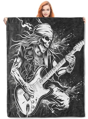 VANZEV Rock Guitar Skeleton Throw Blanket Gifts, Soft Cozy Fleece Blanket with Edgy Skull and Guitarist Print, Blanket for Couch Bed Sofa, Perfect for Music Lovers and Rock Fans, 50x60 in