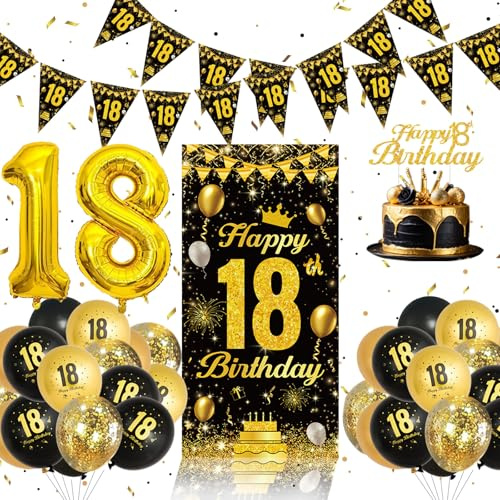 18. Geburtstag Junge Deko mit Banner Hintergrund Luftballons für Jungen | Deko 18. Geburtstag Junge Schwarz Gold 18. Geburtstag Deko für Deko 18 Geburtstags Junge Mädchen 18 Jahre Happy 18th Birthday