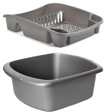 VR7 - Large Washing Up Bowl and Drainer Set - Durable Plastic Rectangular Washing up Bowls For Basin and Sink, Easy-to-Hold, High-Capacity Kitchen Dish Drainer Rack for Efficient Drying - Silver