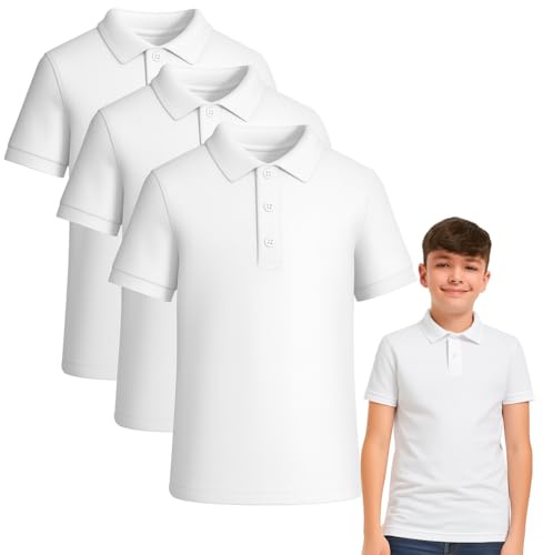 NOROZE 3 Pack 100% Cotton Polo School Shirts for Boys and Girls (Age 5-13 Years) – Standard Fit Plain Kids T Shirt with Stand Up Collar, Short Sleeve School Uniform & Sports Wear White