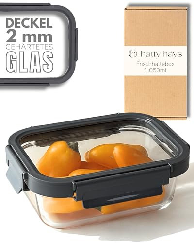 HATTY HAYS Frischhaltedosen mit Deckel luftdicht [1.050ml] Glasbehälter mit Deckel aus Glas & Kunststoffrahmen | Meal Prep Boxen ideal als Aufschnittboxen für Kühlschrank oder Auflaufform mit Deckel