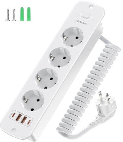 Presa a scomparsa con USB-C, 4 prese da incasso con cavo a spirale da 2 m, PD20 W, 250 V/16 A, per ufficio, home office e cucina – bianco