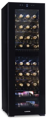 KLARSTEIN Cantinetta Vino Refrigerata a Zona Doppia per Interno/Esterni, Frigo Bar, Cantina Vino con Vetrina, Mini Frigo con Protezione UV, Frigorifero Piccolo Touch Control 5-18°C, 116L 39 Bottiglie