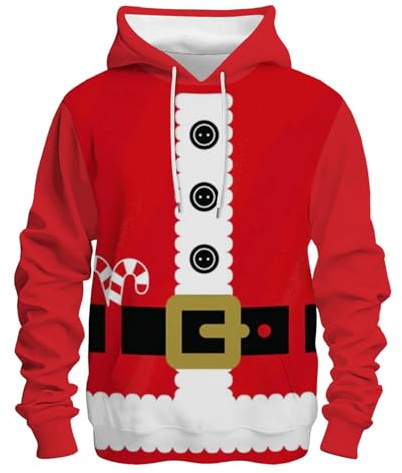 Generico Felpe Natalizie Natalizie da Uomo Divertenti 3D con Cappuccio Pullover Babbo Natale a Maniche Lunghe Felpa per Uomo