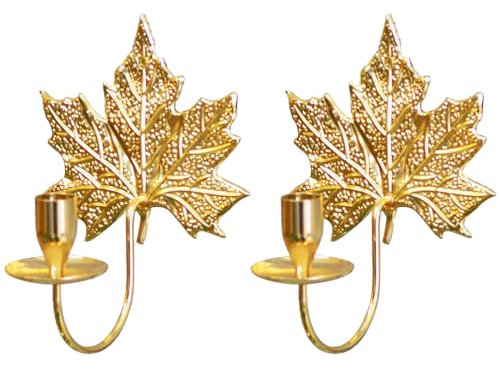 TentHome 2er Set Wandkerzenhalter Vintage Antik Kerzenhalter Wand Metall Teelichthalter Wandlicht Blatt Wandleucher Wandhalter für Stabkerze Wanddeko Gold Ahornblatt