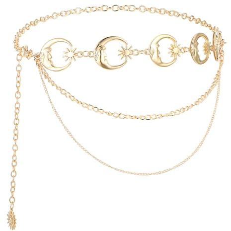 Abeillo Vintage Metall Taillenketten, 3-Lagiger Lange Quasten Mond Anhänger Gürtel, Verstellbare Taillen Kette, Mond Sonne Metallkette Gürtel, Hüftkette Bauchkette für Damen Jean Pants Dress